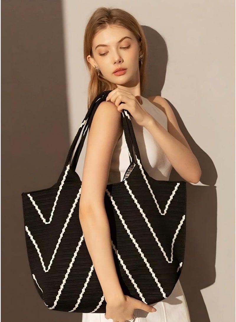 Nestvel Black & White Chevron Knit Tote Bag，Handbags with Pockets, Crossbody Bags, Large Handbags, Top Handle Shoulder Bags, Casual Work Bags, Everyday Shoulder Bags, Various Handbags Suitable for Work, Travel, Shopping, One Size - Image 3